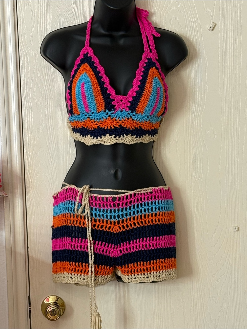 Crochet Two-Piece Bikini Set in Hot Pink, Orange, Navy, Turquoise, Cream